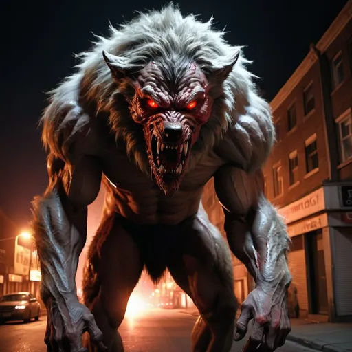 Prompt: Enormous Beast of Gevaudan creature, hairy wolf-man monster, glowing red eyes, devouring a man in empty street, dramatic lighting, muscle definition, ultra-realistic, nighttime, blood everywhere, high quality, dramatic, horror, detailed fur, intense burning gaze, atmospheric lighting, dramatic lighting, scary mood, horror