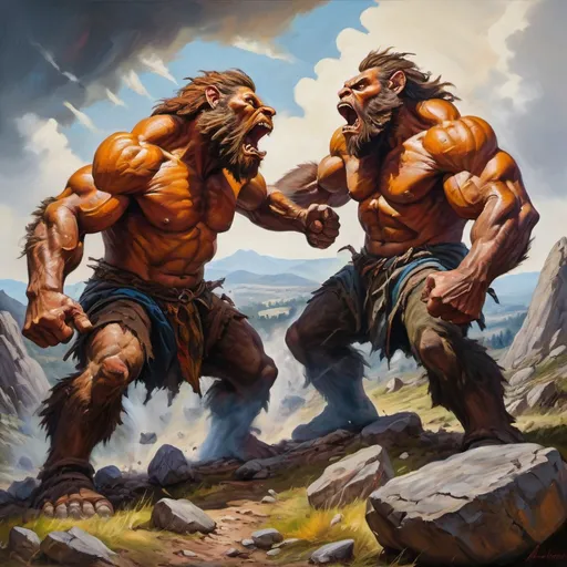 Prompt: Enormous, furious giants fighting on hilltop, oil painting, dramatic lighting, realistic, throwing boulders, throwing trees, intense brushstrokes, vibrant colors, realistic details, high contrast, high texture, epic battle scene, high quality, oil painting, dramatic lighting, realistic, intense brushstrokes, vibrant colors