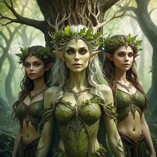 Prompt: Fantasy illustration of a wild dryad elf queen and her daughters, ancient oak forest setting, detailed bark-like skin and branch hair, beautiful and ethereal, highres, fantasy, detailed foliage, enchanting lighting, mythical creatures, majestic, mystical atmosphere, forest greens, earthy tones, fantasy art, ethereal beauty