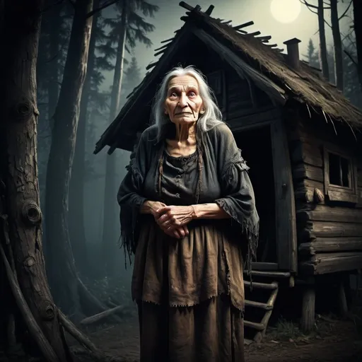 Prompt: Terrifyingly old Baba Yaga, impossibly aged, standing before her wooden cabin on chicken legs, creepy mood, dramatic lighting, fairytale, high quality, fantasy illustration, detailed wrinkles, mythical, ancient, eerie atmosphere, spooky, fairytale, dark tones, ominous shadows, mystical lighting