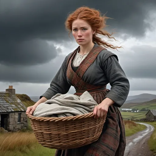 Prompt: Traditional Scottish woman, 19th-century costume, wild ginger hair flowing in the wind, carrying heavy laundry basket, small stone house, overcast grey sky, detailed facial features, realistic oil painting, rugged countryside, heavy clouds, atmospheric lighting, high quality, detailed clothing, realistic, traditional, dramatic lighting