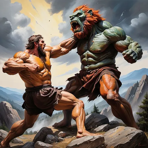 Prompt: Enormous, furious giants fighting on hilltop, oil painting, dramatic lighting, realistic, throwing boulders, throwing trees, intense brushstrokes, vibrant colors, realistic details, high contrast, high texture, epic battle scene, high quality, oil painting, dramatic lighting, realistic, intense brushstrokes, vibrant colors