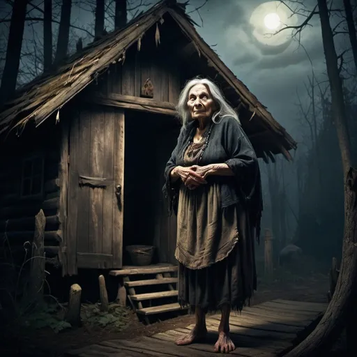 Prompt: Terrifyingly old Baba Yaga, impossibly aged, standing before her wooden cabin on chicken legs, creepy mood, dramatic lighting, fairytale, high quality, fantasy illustration, detailed wrinkles, mythical, ancient, eerie atmosphere, spooky, fairytale, dark tones, ominous shadows, mystical lighting