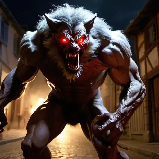 Prompt: Enormous Beast of Gevaudan creature, hairy wolf-man monster, glowing red eyes, attacking a peasant in empty street, 1800s French village, dramatic lighting, muscle definition, ultra-realistic, nighttime, blood everywhere, high quality, dramatic, horror, detailed fur, intense burning gaze, atmospheric lighting, dramatic lighting, scary mood, horror