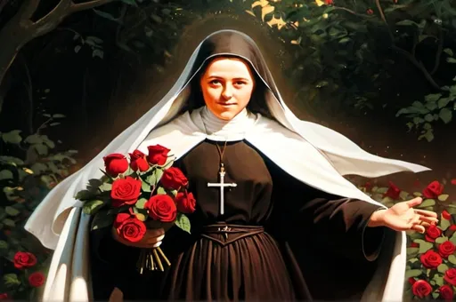 Prompt: A detailed and captivating high-quality illustration of Saint Thérèse, dressed in a black veil, walking through a radiant garden filled with red roses. She holds a bouquet of red roses and smiles as she presents it to Jesus, who smiles back kindly. The scene, bathed in golden sunlight, highlights the garden's serenity and beauty, with a celestial aura surrounding Jesus. This illustration captures the grace and devotion of Saint Thérèse in a sacred and peaceful interaction amidst nature.