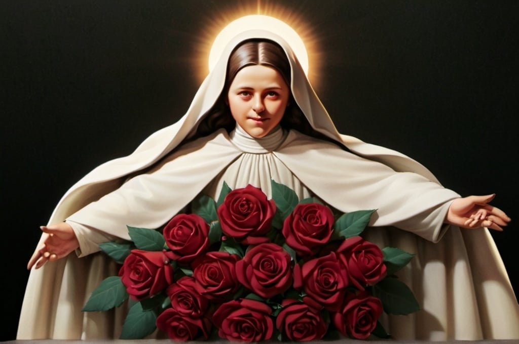 Prompt: A detailed and captivating high-quality illustration of Saint Thérèse walking through a radiant garden filled with red roses. In one hand, she holds a bouquet of red roses. Saint Thérèse smiles warmly as she presents the bouquet to Jesus, who reciprocates her smile with kindness.

The scene unfolds under the golden sunlight, casting a serene and ethereal glow over the garden, enhancing its beauty. A celestial aura surrounds Jesus, symbolizing his spiritual presence and holiness, enriching the moment. This illustration beautifully captures the grace and devotion of Saint Thérèse, depicting a sacred and peaceful interaction amidst the splendor of nature.
