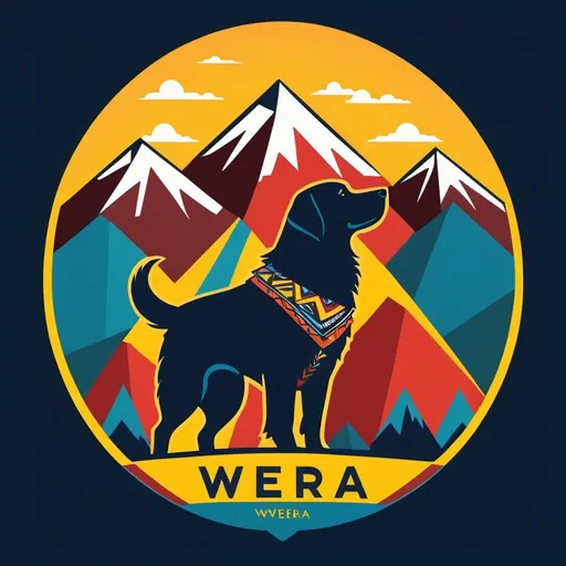 Prompt: (Logo design), (accurately spelled text "Wera"), (dog silhouette) intertwined with (Colombian Indigenous history), featuring (majestic mountains) as the backdrop, vibrant yellow, light red, deep blue, teal color palette, bold and modern aesthetic, sleek lines, harmonious composition, emphasizing cultural heritage and memorable design, suitable for branding.