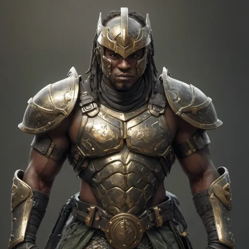 Prompt: Photorealistic image of an African warrior, he’s very muscular, his arms a large, he’s wearing futuristic tactical gear, his armor is tarnished gold with charcoal green camouflage, his helmet has a metal Mohawk with a knight’s face plate, his chest plate resembles a lion, his gloves and boots are leather with armored pads, he has a broad sword strapped to his back.