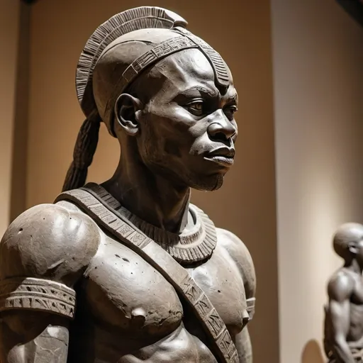 Prompt: Looking at a 90 degree angle at a stone sculpture of an African warrior
