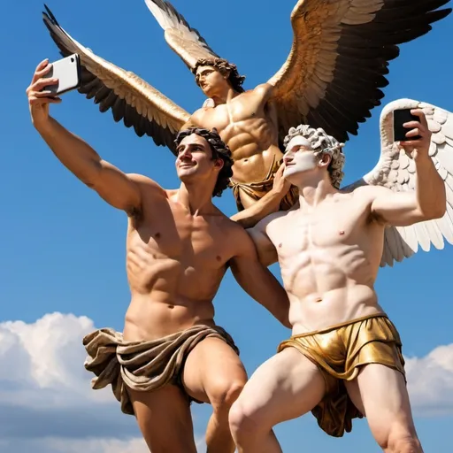 Prompt: Daedalus and Icarus Greek Myth, taking a selfie


