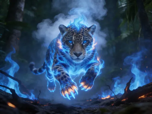 Prompt: Composed of blue fire elements, on blue fire, transparency, fiery, blue Flame skin, blue Flame print, fiery fur, smokes, clouds, A Amazon Rain Forest Female Jaguar wrapped in blue flames, striking blue eyes, the blue flames soar and emit sparks, it is jumping in the middle of burned rainforest with blue flames, burning blue flame paws, Burning blue fire claws, burning blue fire legs, looking at viewer, jumping at viewer, center frame, Translucent luminescence, Highly realistic, transparency, Sci-fi blue light effects, (blue Light-emitting), 8K.