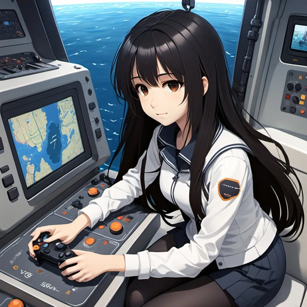 Prompt: 1 girl, long hair, black hair, brown eyes, white, game controller, work clothes, submarine, positioning system, x-axis, y-axis, map