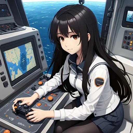 Prompt: 1 girl, long hair, black hair, brown eyes, white, game controller, work clothes, submarine, positioning system, x-axis, y-axis, map