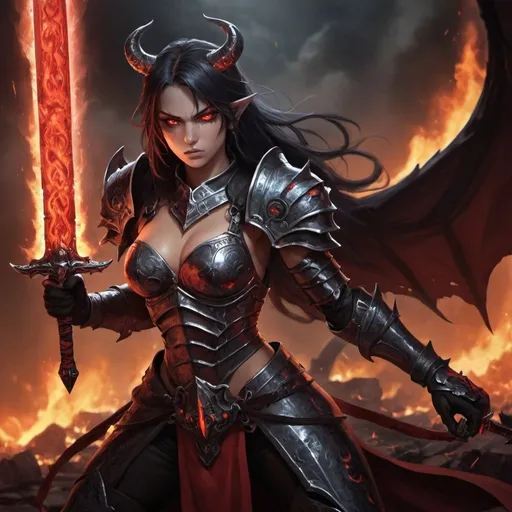 Prompt: Description of Reya Mantlemorn with the Demon Sword Bel
Character Overview:

Name: Reya Mantlemorn
Class: Paladin (Hellrider)
Appearance: Strong, determined, and imposing with an aura of both nobility and dark power.
Physical Attributes:

Hair: Long, flowing dark hair with streaks of fiery red, symbolizing her infernal pact.
Eyes: Piercing blue eyes, glowing faintly with a reddish hue when she channels the sword's power.
Armor: Shining, well-crafted plate armor adorned with infernal runes that glow ominously. The armor is battle-worn yet meticulously maintained, reflecting her experience and dedication.
Build: Athletic and muscular, indicative of her strength and combat training.
Pose:

Reya stands tall and proud, with a firm grip on the demon sword Bel, which is held aloft. Her stance is defensive yet ready to strike, showcasing her readiness for battle and her leadership.
Demon Sword Bel:

Appearance: A large, menacing greatsword with a blade of blackened steel. The sword's hilt is intricately designed with infernal motifs and a large, blood-red gemstone set in the crossguard. The blade is etched with glowing infernal runes.
Aura: The sword emanates a dark, fiery aura that contrasts with Reya's noble presence, signifying the demonic power within.
Background:

Setting: The scene is set on a battlefield, with a backdrop of flames and ruins. Shadows of defeated demons and fiends litter the ground, emphasizing the ferocity of the ongoing war.
Atmosphere: A tense, dramatic atmosphere with swirling ash and embers in the air. The sky is dark and ominous, reflecting the infernal conflict.
Additional Details:

Expression: Reya's face shows a mix of determination and controlled fury, with a hint of the internal struggle due to her pact with Bel.
Lighting: Dramatic lighting that highlights the contrast between the holy light of her paladin nature and the dark flames of the demon sword.