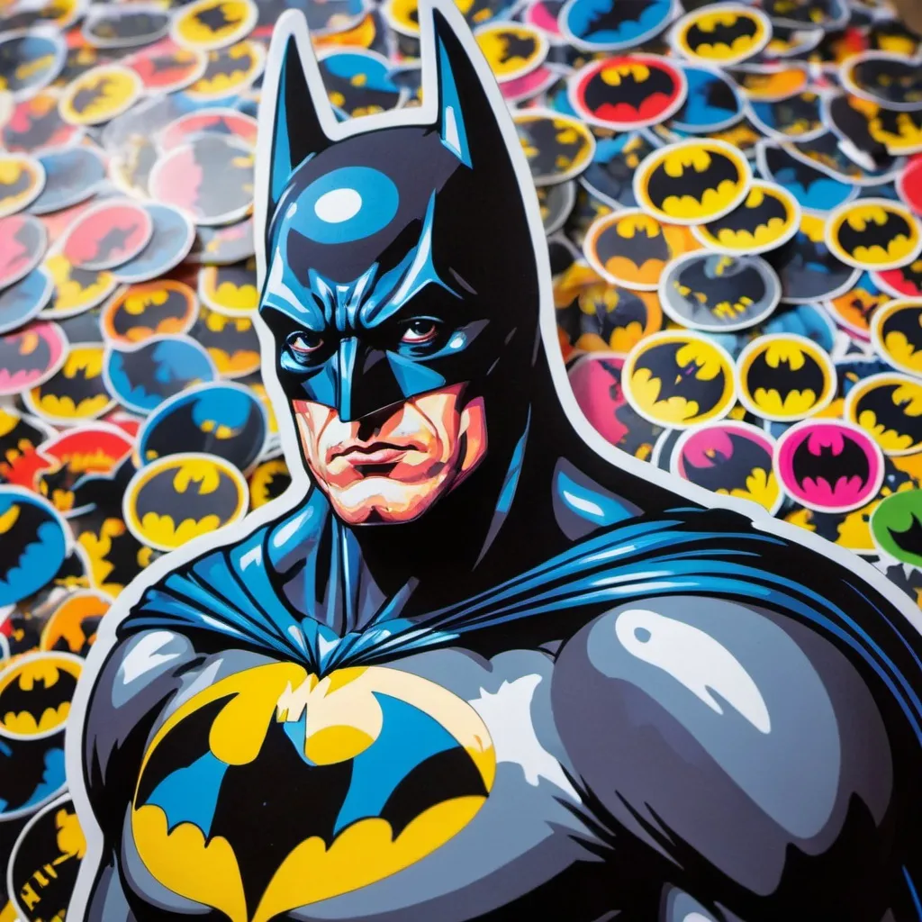 Prompt: Funky Batman picture in bright colours, made from stickers 