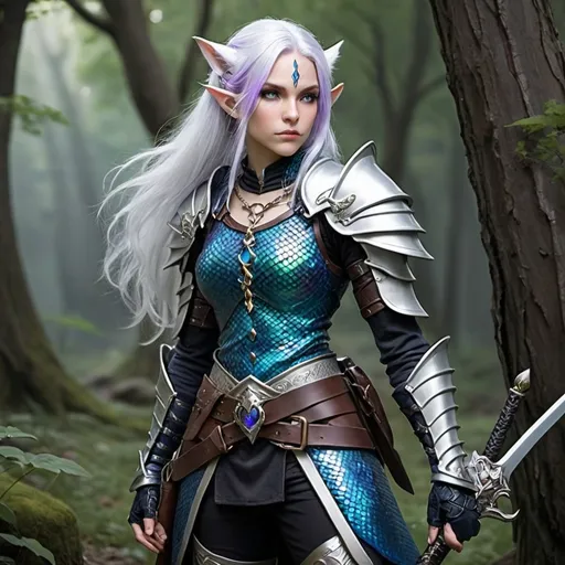 Prompt: A high moon elf ranger , mature 150 years old,  weight 125,  A 5' 5 " size height. Light purple skin, Mid back long silverly white hair, one side braid, Cat like eyes. One eye green and one eye blue. With gold flexs in the iris. Wearing elfish ranger blue dragon scale armor, and blue dragon scale chainmail, Black pants and black knee high ranger boots. A long sword on my left hip, and a dager on my right. Bow on my back. 