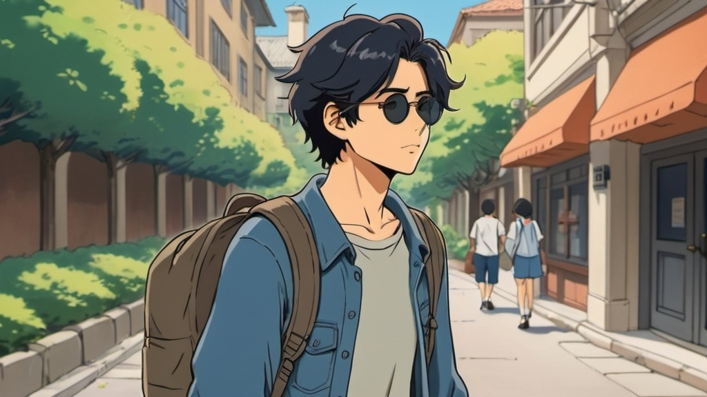 Prompt: 2d studio ghibli anime style, Thoughtful college student named Manku,handsome youthful with black hair and wears stylish shades, walking with a backpack, he walks further away from college, anime scene 