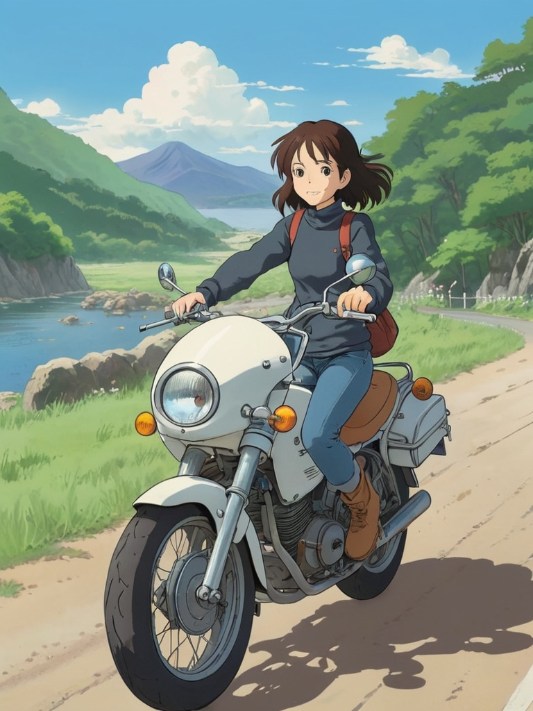 Prompt: 2d studio ghibli anime style, girl on motorcycle, anime scene