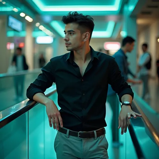 Prompt: Leaning casually against a glass railing, a young man in a fitted black shirt and light gray trousers exudes a sense of relaxed confidence. His stylish attire is complemented by a subtle accessory on his wrist. With a thoughtful expression and gazing off to the side, he stands in a contemporary setting, characterized by sleek, polished surfaces and ambient lighting that casts a cool blue-green hue around him. The background features reflections and hints of other people, contributing to a vibrant, urban atmosphere. This scene captures a moment of quiet intrigue amidst the bustle of modern life.