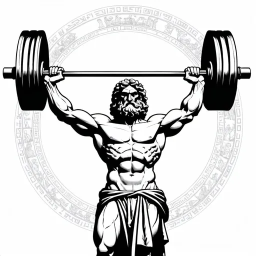 Prompt: Outline of The Greek titan Atlas holding barbell over his head in one hand and the world in the other wearing a  robe