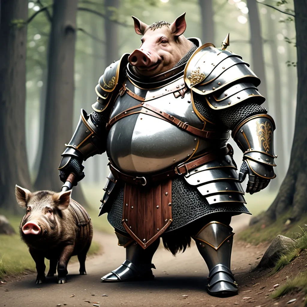 Prompt: A fat knight with a wild boar themed armor