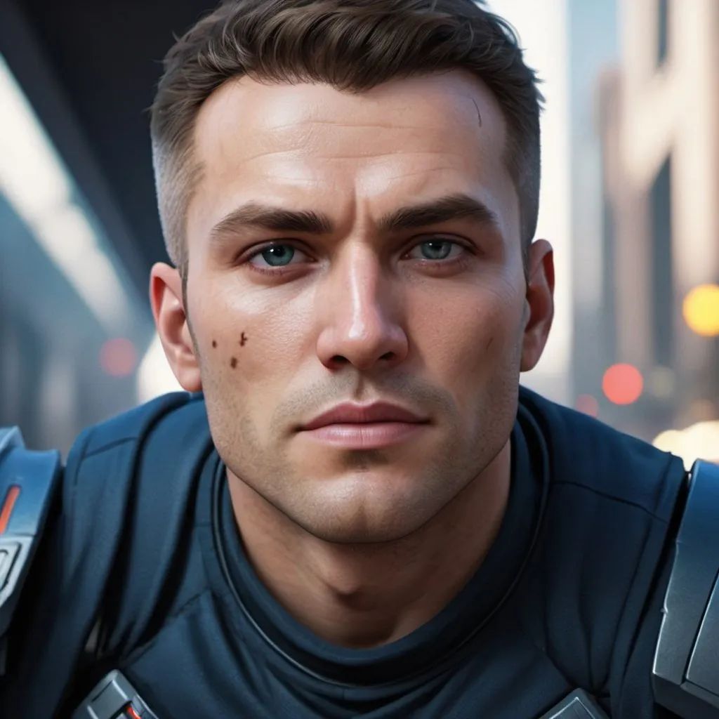 Prompt: space warrior, beautiful, men, ultrarealistic, soft lighting, city, 8k