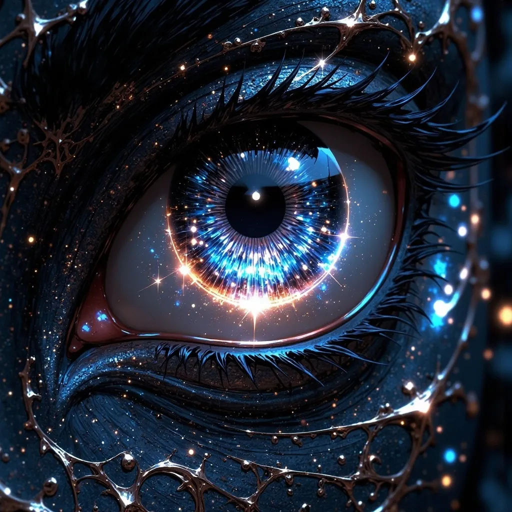 Prompt: a creature with black skin, dusted with blue and gold glitter. focus on profile view of the hyper reflective, galactic, iridescent eye: The centre of the eye is a finely detailed spiraling psychedelic portal of pearlescent glowing mist within the jet black pupil, continuing ever deeper into his soul. the iridescent iris is tinged with shades of blue, gold, white. High fidelity. High contrast. High saturation. Crisp details. Gossamer glow. Ultra soft finish.