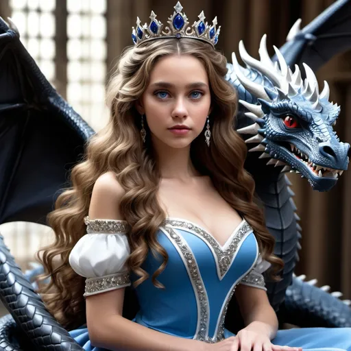 Prompt: a queen with long curly light brown hair and brown/red eyes wearing a blue and white dress and a silver tiara and sitting on a black dragon