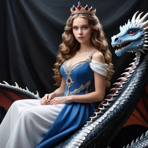 Prompt: a queen with long curly light brown hair and brown/red eyes wearing a blue and white dress and a silver tiara and sitting on a black dragon