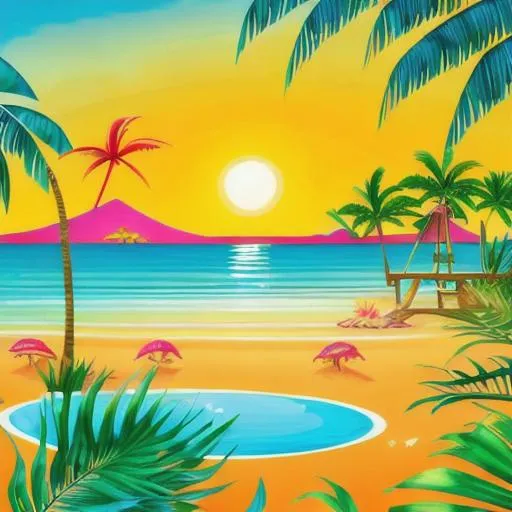 Prompt: Generate a captivating and vibrant tropical paradise scene, where crystal-clear turquoise waters gently caress golden sandy beaches. Envision a lush, tropical rainforest with vibrant foliage and exotic flowers framing the edges. The sun sets in warm hues, casting a mesmerizing glow on the landscape. Include elements like swaying palm trees, colorful parrots, and a hammock gently swaying in the tropical breeze. The image should evoke a sense of tranquility, capturing the essence of an idyllic tropical getaway. Transport the viewer to a serene haven filled with the beauty and warmth of a tropical oasis