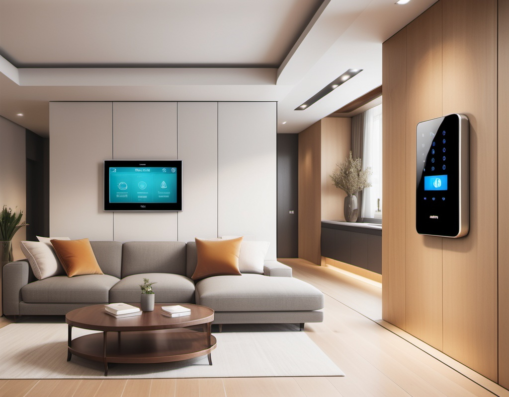 Prompt: (visual representation of values), modern security system, innovative integration (Sonnette + automatic intercom + integrated RFID access), cutting-edge technology, secure home environment, wireless alarm system, GSM features, sleek design, high-tech atmosphere, warm tones for a cozy feel, ultra-detailed, sharp focus.