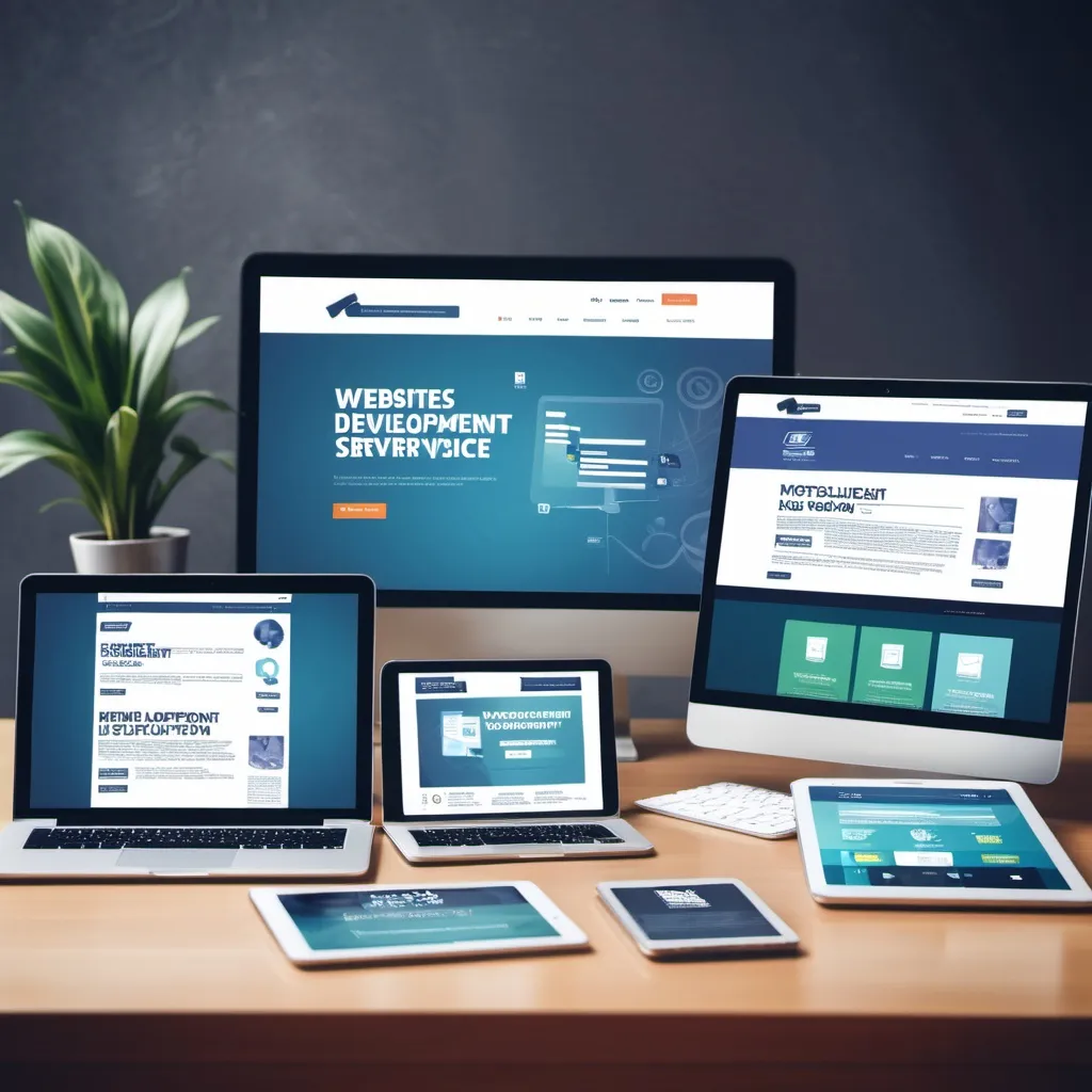 Prompt: Websites development service on multiple platforms showing on laptop screen, tablet screen, mobile screen
