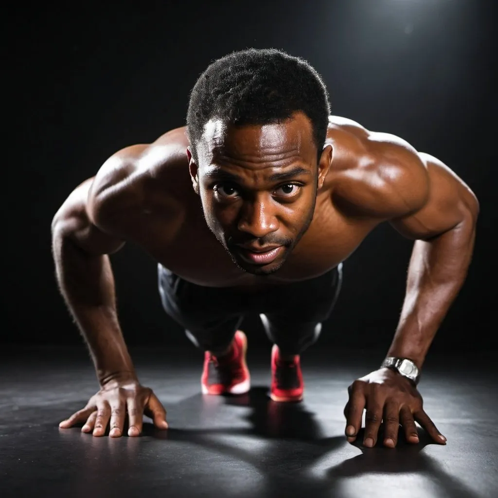 Prompt: Give me a picture of a sweaty a black  man doing push up in a dark studio rum

