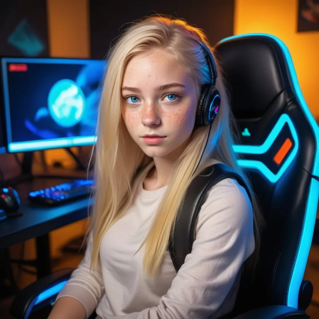 Prompt: "A golden young blonde with thick hair and blue eyes, who also has freckles, sitting on a gaming chair in front of a computer."