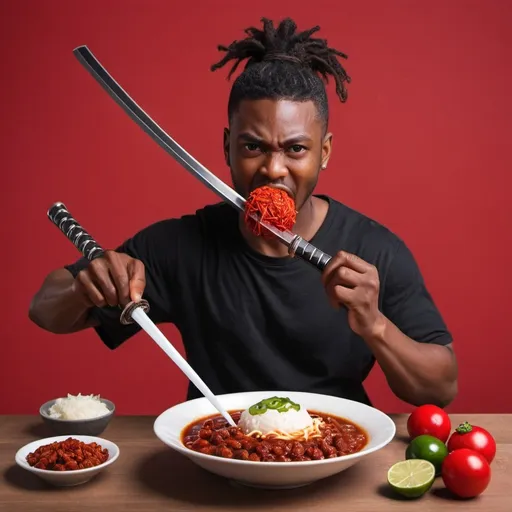 Prompt: Black people with katana eating chili and have red energy ball
