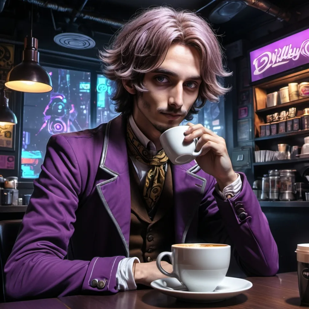 Prompt: Anime cyberpunk style, man in coffee shop, highly detailed, HD, dark background with Willy Wonka 