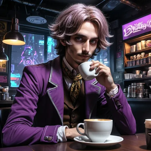 Prompt: Anime cyberpunk style, man in coffee shop, highly detailed, HD, dark background with Willy Wonka 