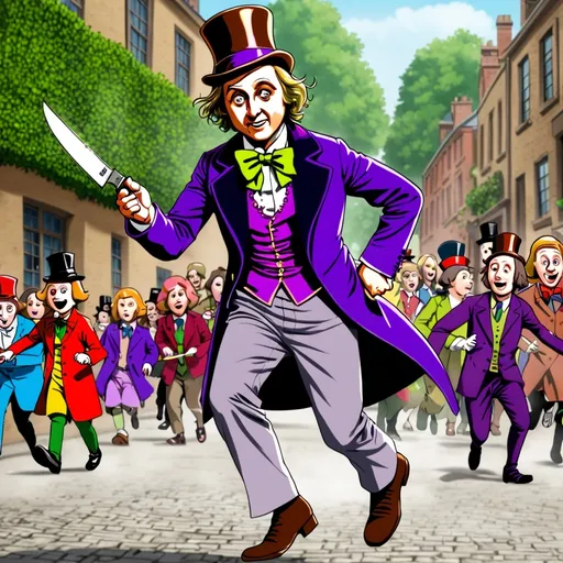 Prompt: Willy Wonka Chasing people with a knife 