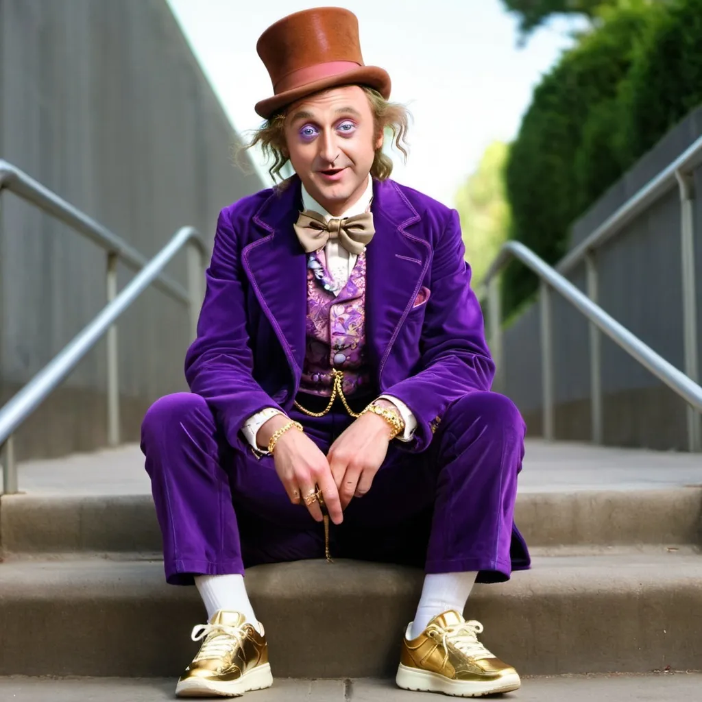 Prompt: Willy Wonka with sneakers and a gold chain and gold teeth