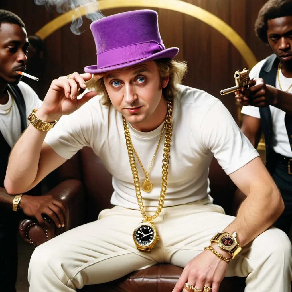 Prompt: Willy Wonka with a white T-shirt gold chain gold sneakers and a gold watch and gold rings with gang members behind him with guns drinking Hennessy in the club smoking and with candy with super powers