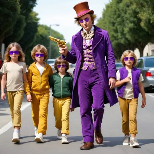 Prompt: Willy Wonka with gold gun gold change gold sneakers and purple sunglasses with hood on his shirt and hunting kids