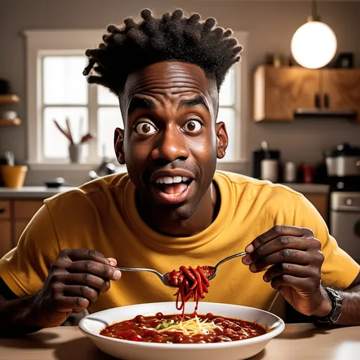 Prompt: Black man in  Looney tunes style eating chili