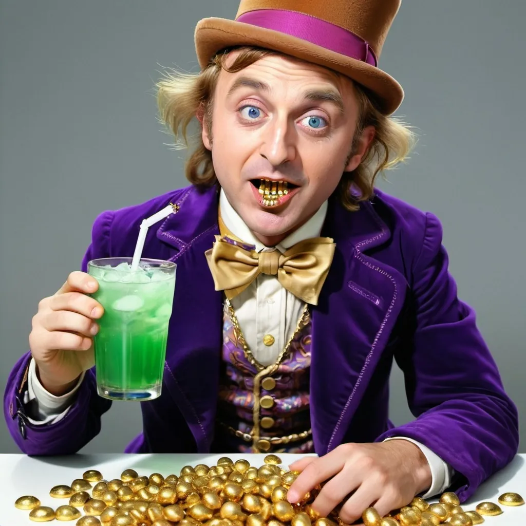 Prompt: Willy Wonka with gold chain white sneakers drinking Sprite with gold teeth in his mouth and with candy chocolate

