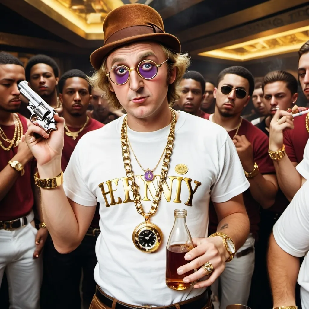 Prompt: Willy Wonka with a white T-shirt gold chain gold sneakers and a gold watch and gold rings with gang members behind him with guns drinking Hennessy in the club smoking and with candy