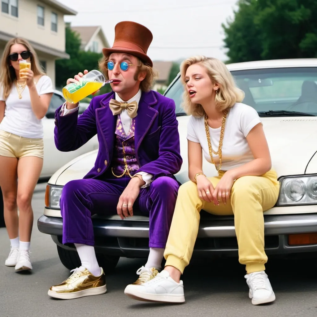 Prompt: Willy Wonka with gold chain white sneakers and gold teeth drinking Sprite with white women on car 