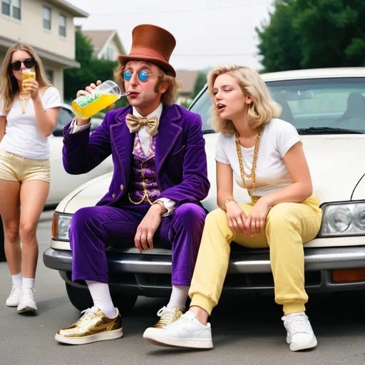 Prompt: Willy Wonka with gold chain white sneakers and gold teeth drinking Sprite with white women on car 