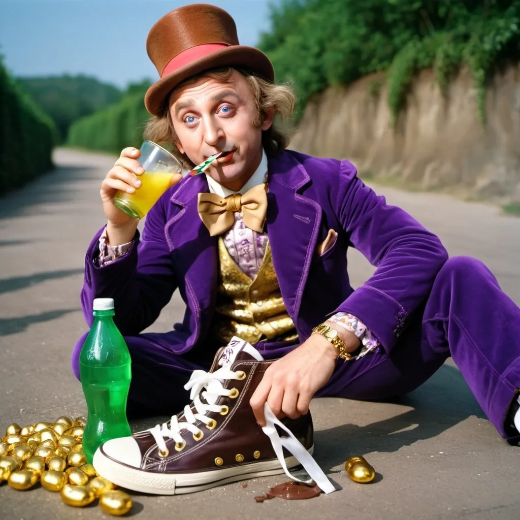 Prompt: Willy Wonka with gold chain white sneakers drinking Sprite with gold teeth in his mouth and with candy chocolate

