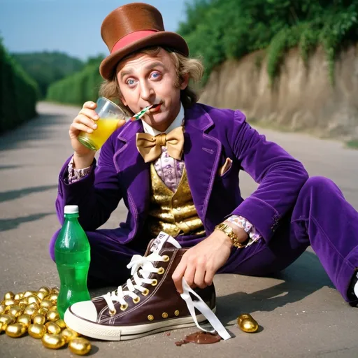 Prompt: Willy Wonka with gold chain white sneakers drinking Sprite with gold teeth in his mouth and with candy chocolate

