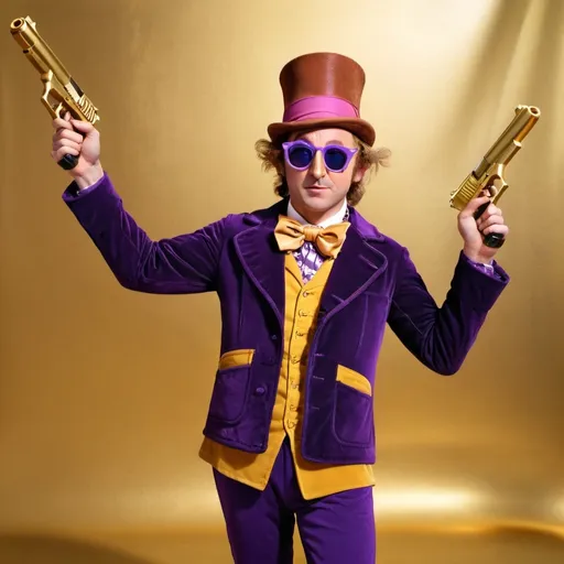 Prompt: Willy Wonka with gold gun gold change gold sneakers and purple sunglasses with hood on his shirt