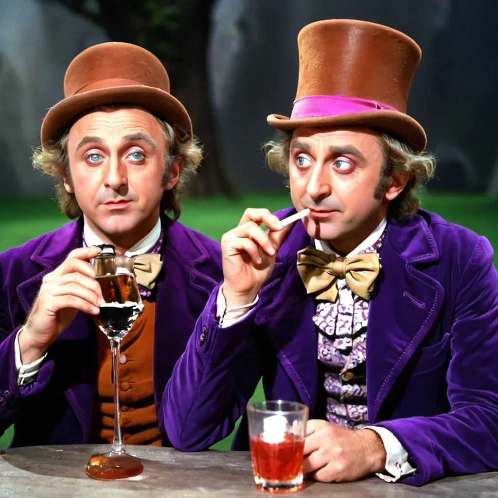 Prompt: Willy Wonka with a guy and liquor 
